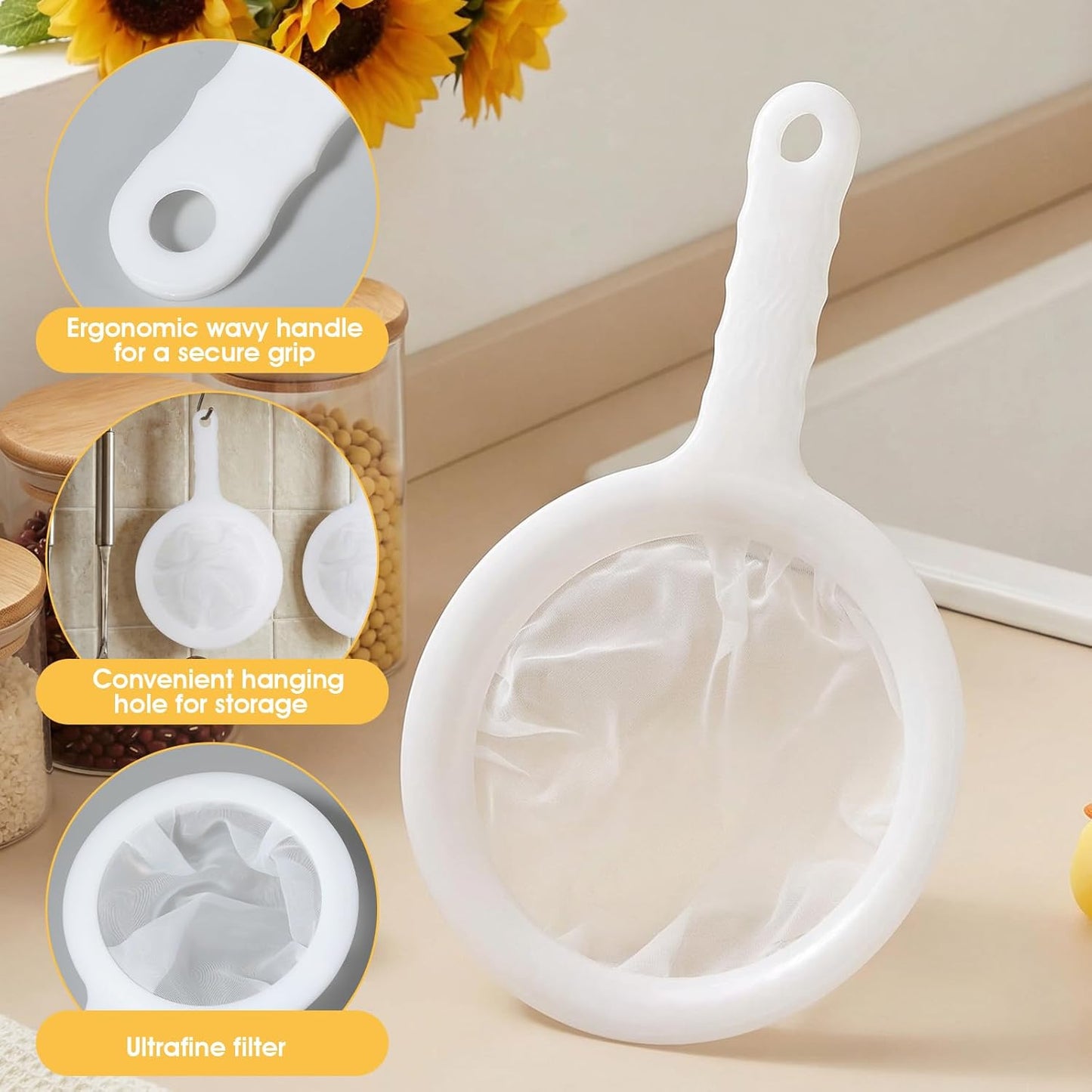 2PCS Extra Fine Mesh Strainer 120/200 Mesh Nylon Ultra Fine Mesh Strainer with Handle for Filtering Yogurt Juice Coffee Milk Honey Matcha Kitchen