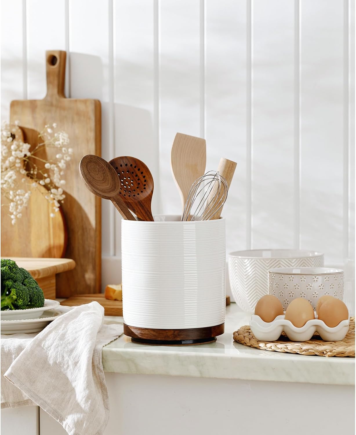 Utensil Holder, 360° Rotating Extra Large Ceramic Kitchen Utensil Holder for Countertop, 7.3“ Cooking Utensil Crocks for Kitchen Counter with Rotatable Wooden Base, Farmhouse Decor, Arctic White