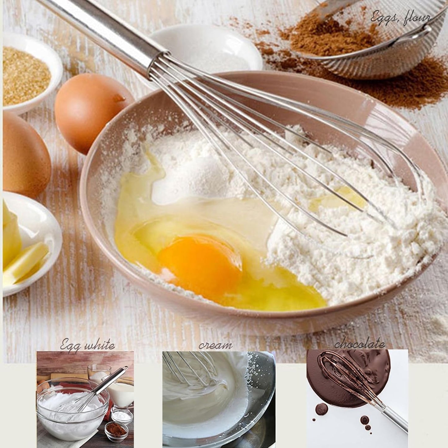Digead Stainless Steel Whisk Set - 8"+10" Kitchen Wisk, Balloon Whisk for Baking, Cooking, Mixing, Blending, Beating Eggs, Cream, Sauces - Ergonomic Grip - 2 Pack