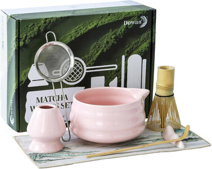 DOWAN Matcha Whisk Set, 7 Pcs Matcha Set Includes Bowl with Spout, Whisk and Holder, Bamboo Scoop and Holder, Sifter and Tea Towel - Matcha Kit Gift for Lovers Beginners (Pink)