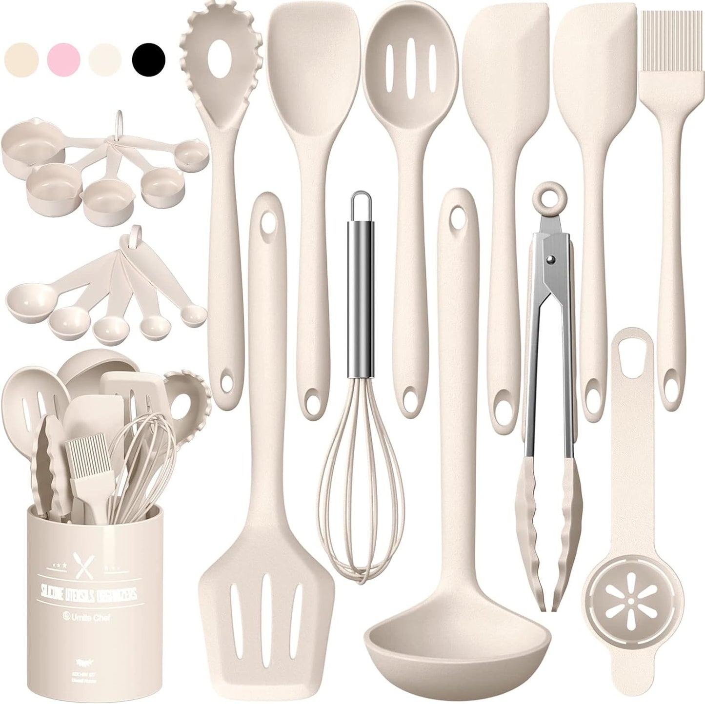 Umite Chef 22-Piece Silicone Cooking Utensils Set, Heat Resistant & Dishwasher Safe Kitchen Tools, Non-Scratch Spatula Set for Nonstick Cookware (Pink)