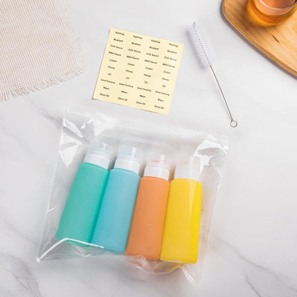 MICEBAY Condiment Squeeze Bottles for Sauces, 2-oz Mini Silicone Salad Dressing Container to Go with Reusable Sandwich Bag, Leakproof Ketchup Bottle for Bento Lunch Box, 4 Pack, Candies