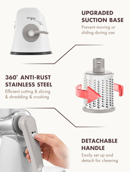 GDL Rotary Cheese Grater Hand Crank with 5 Interchangeable Blades - Upgraded Cheese Shredder Featuring Strong Suction Base for Cheese Shredding, Wavy Slicing, Nut Grinding, Ice Shaving