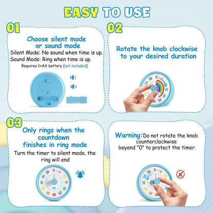 HIPPIH Visual Timer for Kids, 60 Minute Countdown Timers for Classroom Kitchen Office, Rainbow Disk Desk Timer Clock with Silent Operation, Pomodoro Timer Time Management Tools for Toddler ADHD Blue