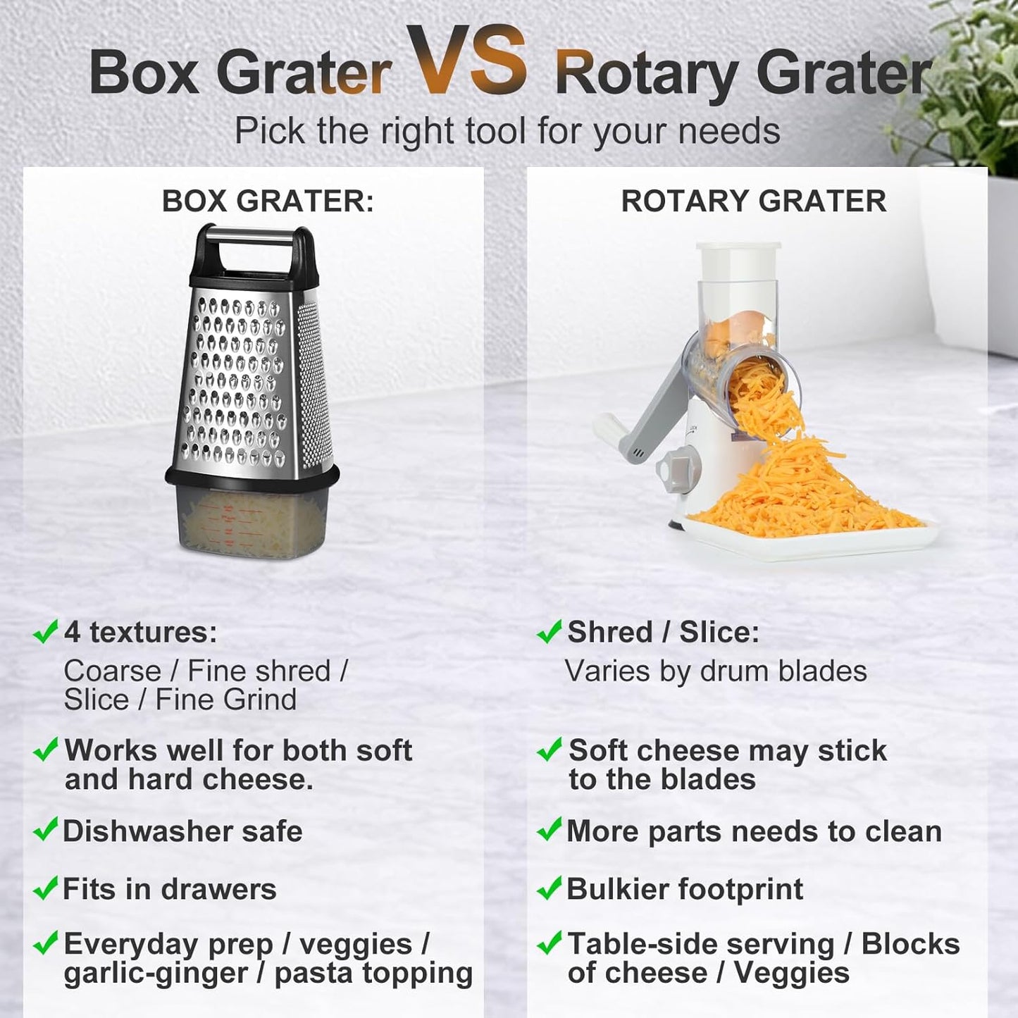 Ourokhome Cheese Grater, Handheld Box Grater with Container & Lid, 4-Sided Stainless Steel for Kitchen, Wavy Julienne, Slicer, Coarse Shred & Fine Zester, Non-Slip Base, Dishwasher Safe, 8 Inch
