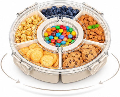 360°Rotating Divided Serving Tray with Clear Lid - BPA-Free Snack Spinner with Removable Compartments - Versatile Snackle Box Container for Parties, Picnics, Taco Night & Meal Prep
