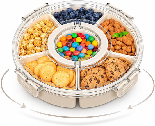 360°Rotating Divided Serving Tray with Clear Lid - BPA-Free Snack Spinner with Removable Compartments - Versatile Snackle Box Container for Parties, Picnics, Taco Night & Meal Prep
