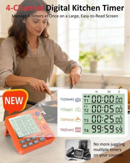 Digital Kitchen Timer for Cooking - 4 Channel Count Up Countdown Timer with Loud Alarm and Silent Mode, Large Display, Magnetic Back, Auto Memory for Classroom Study Gym, Battery Included (Black)