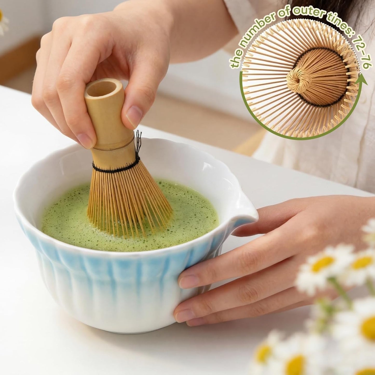 Matcha Set, 5Pcs Ceramic Matcha Set including Daisy Matcha Bowl and Mushroom Whisk Holder, Bamboo Whisk, Scoop, Sifter - Thoughtful Matcha Whisk Set Gift for Matcha Lovers, Blue
