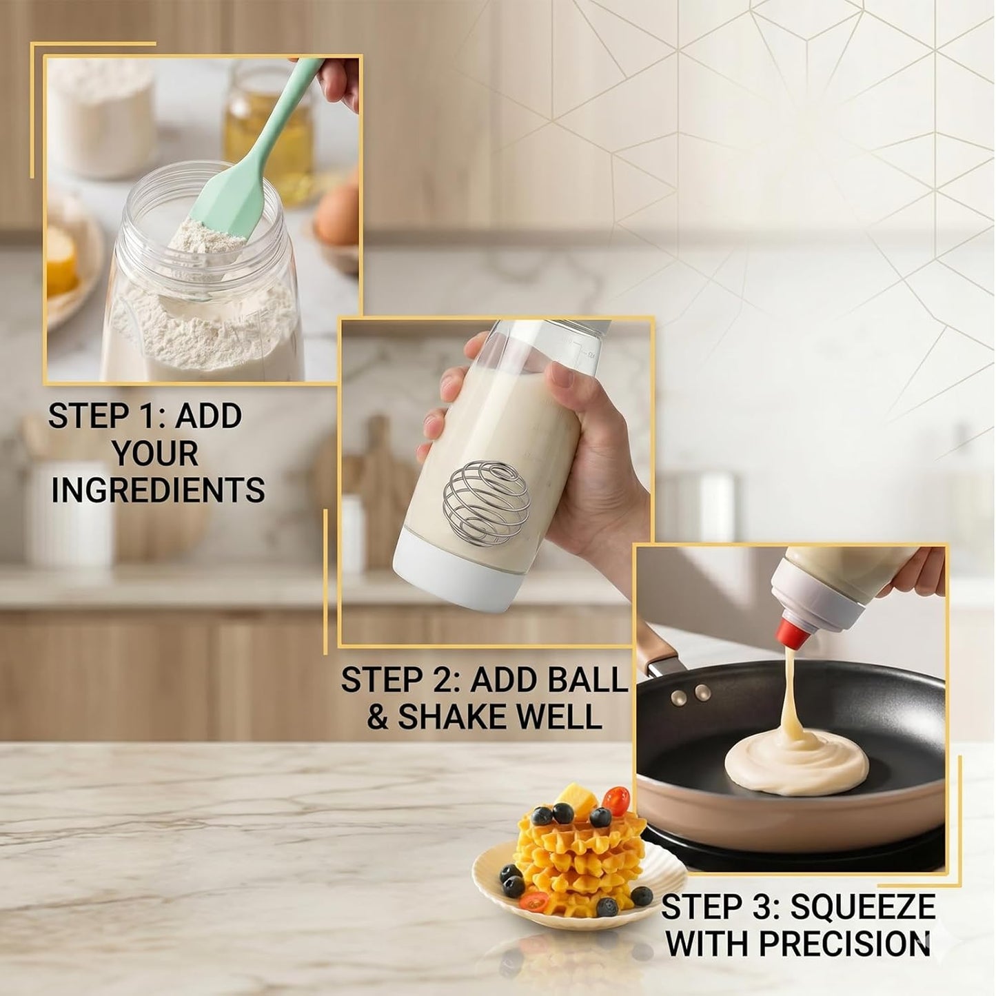 Pancake Batter Dispenser Bottle,Pancake Squeeze Bottle,Pancake Bottle With Whisk Ball And Stand Base, Batter Mixer And Dispenser For Pancakes, Crepes, Waffle,Kitchen Baking Tool One Pack
