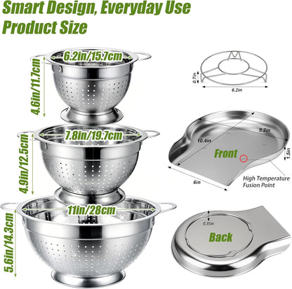 Palksky Stainless Steel Colander Set with Self-Draining Base, 3 Sizes Colanders & Food Strainers for Pasta, Rice, Fruits & Veggies, Metal Colander with Draining Plate for Sink or Countertop