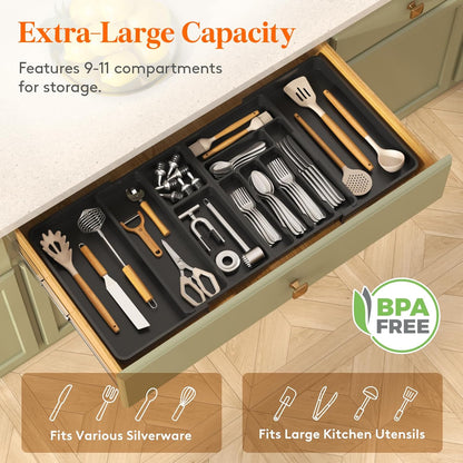 Lifewit Utensil Organizer for Kitchen Drawer, Expandable Cooking Silverware Tray, Adjustable Cutlery Flatware Holder, Plastic Spatula Tools Storage Divider, 14.4 x 15.8", Black