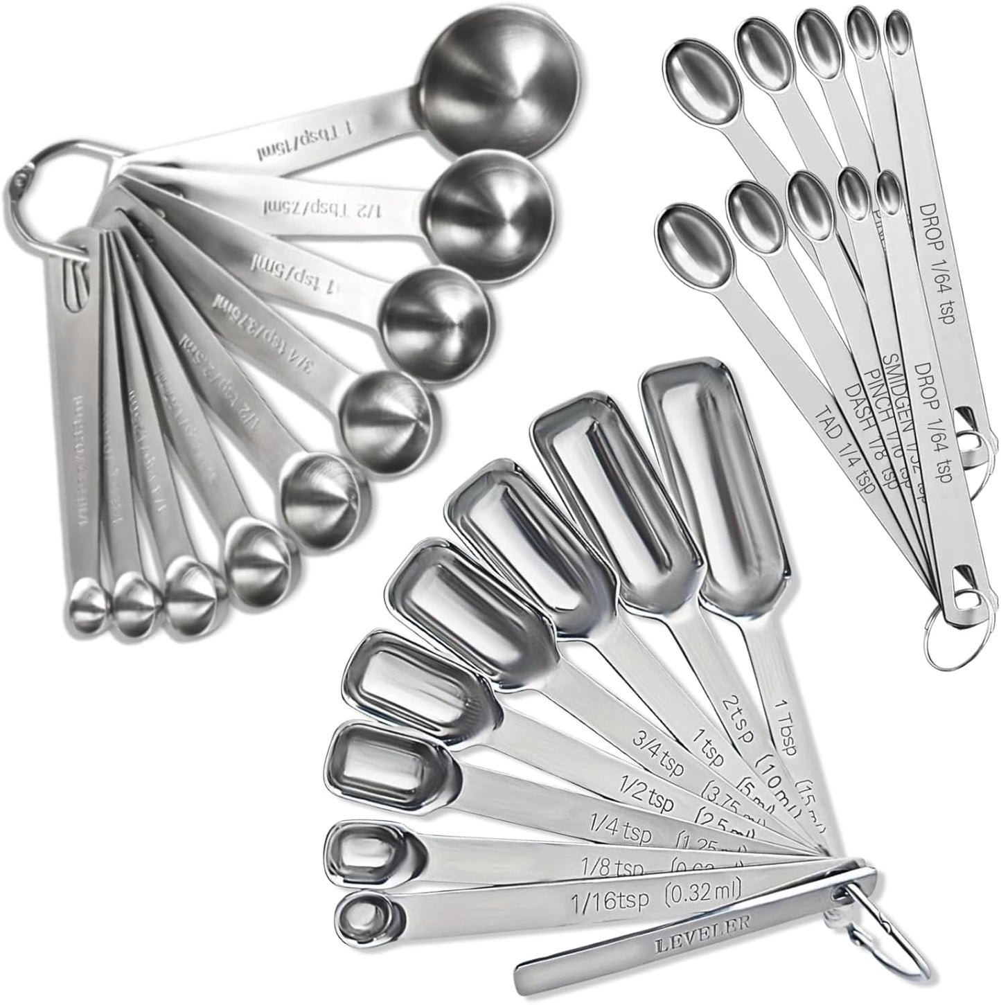 Stainless Steel Measuring Spoons Set of 14 with Leveler, Rectangular Teaspoon & Tablespoon Measuring Spoons for Dry & Liquid Ingredients, Slim Design Fits in Spice Jars