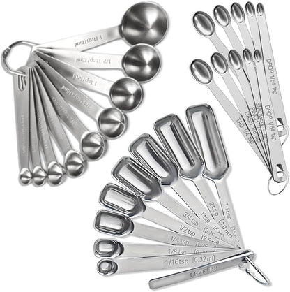 Stainless Steel Measuring Spoons Set of 14 with Leveler, Rectangular Teaspoon & Tablespoon Measuring Spoons for Dry & Liquid Ingredients, Slim Design Fits in Spice Jars