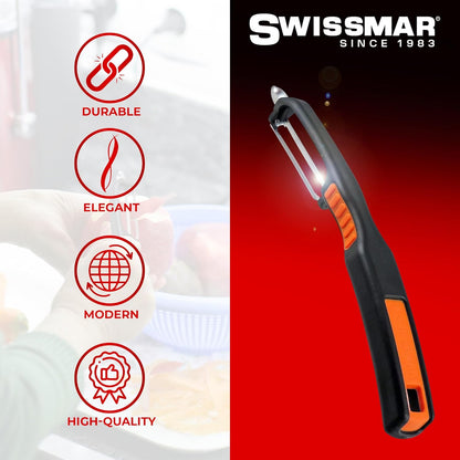 Swissmar Swiss Non-Slip Double Edge Straight Peeler - Easy-Grip Stainless Steel Peeler - Versatile Kitchen Tool, Ideal for Potato Peeler, Veggie Peeler & more - Black & Orange