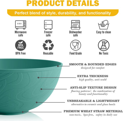 Wheat Straw Bowls Set with Lids, Unbreakable 40 OZ Cereal Bowls Set of 4, Salad Container for Lunch, Microwave & Dishwasher Safe Bowl Set for Kitchen, Picnic, RV, Camping, Multi