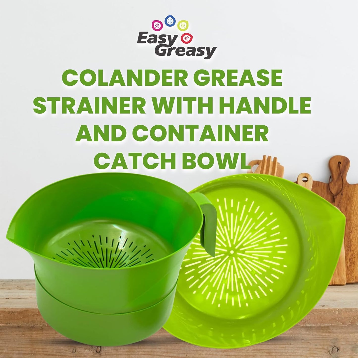3-Piece Colander Grease Strainer Set – Green Grease Separator with Handle, Container & Lid – Strains Bacon, Pasta, Ground Beef – BPA-Free Kitchen Gadget