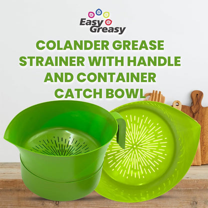 3-Piece Colander Grease Strainer Set – Green Grease Separator with Handle, Container & Lid – Strains Bacon, Pasta, Ground Beef – BPA-Free Kitchen Gadget
