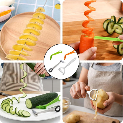 Potato Spiral Cutter, Potato Peeler, 6Pcs Set Includes Manual Vegetable Spiralizer and Vegetable Peeler, Practical Vegetable Spiral Slicer Cutter for Potatoes Carrots Cucumbers Fruits