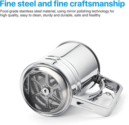 Flour Sifter for Baking, 304 Stainless Steel 5 Cup Flour Sieve Fine Mesh Screen Powder Sifters with Loop Agitator for Quick Sifting, Hand Crank Sifter for Cooking Baking Kitchen Sugar Utensil DIY