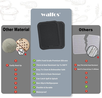 Walfos Silicone Trivet Mats - 4 Heat Resistant Pot Holders, Multipurpose Non-Slip Hot Pads for Kitchen Potholders, Hot Dishers, Jar Opener, Spoon Holder, Food Grade Silicone & BPA Free (Black)