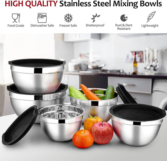 E-far Mixing Bowls with Lids Set of 5, Stainless Steel Mixing Bowls Metal Nesting Bowls with Airtight Lids, Non-toxic & Dishwasher Safe, Great for Cooking, Baking, Serving - Size 0.7/1/1.5/3/4.6QT