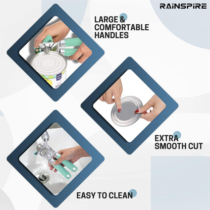 Rainspire Upgraded Can Opener Manual with Bottle Opener Smooth Edge Cut, Can Opener Heavy Duty, Comfortable Soft Handle, Built-in Bottle Opener, Black