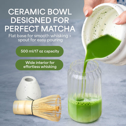 Matcha Whisk Set With Ceramic Matcha Bowl, Bamboo Whisk & Holder, Stainless Steel Spoon & Sifter, Glass Cup & Straw, Electric Frother, Storage Bag - Gift for Matcha Lovers (Premium 9-Piece Set White)