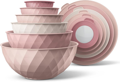 COOK WITH COLOR Mixing Bowls with Lids - 12 Piece Plastic Nesting Bowls Set includes 6 Prep Bowls and 6 Lids, Microwave Safe Mixing Bowl Set, Sage Embossed - Colors A