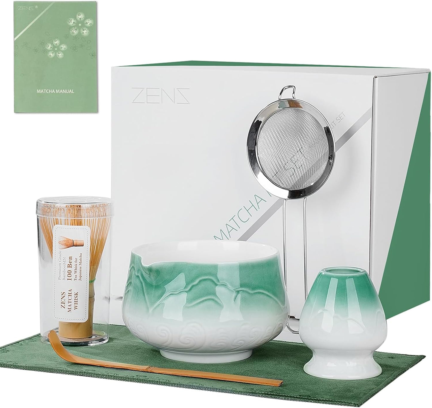 ZENS Pink Matcha Set, Matcha Whisk Set Includes 15oz Ceramic Bowl & (Chasen Holder), Bamboo Whisk & Scoop, Sifter and Pink Tea Towel, 6pcs Matcha Kit for Matcha Lovers
