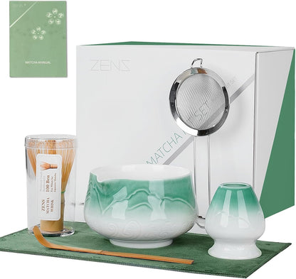 ZENS Pink Matcha Set, Matcha Whisk Set Includes 15oz Ceramic Bowl & (Chasen Holder), Bamboo Whisk & Scoop, Sifter and Pink Tea Towel, 6pcs Matcha Kit for Matcha Lovers