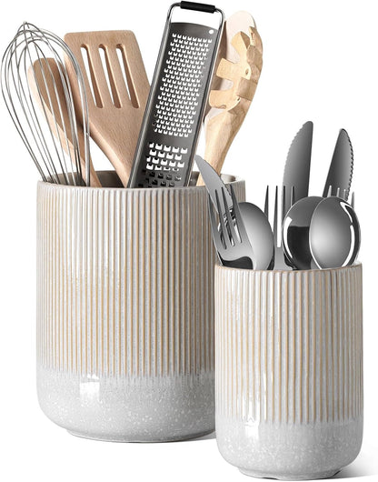 LE TAUCI Utensil Holder for Kitchen Counter, 7.3"+5.4" Fluted Ceramic Utensil Crock Organizer for Countertop, Heavy Large Holder for Spatulas, Spoons, Set of 2, White, Kitchen Counter Decor