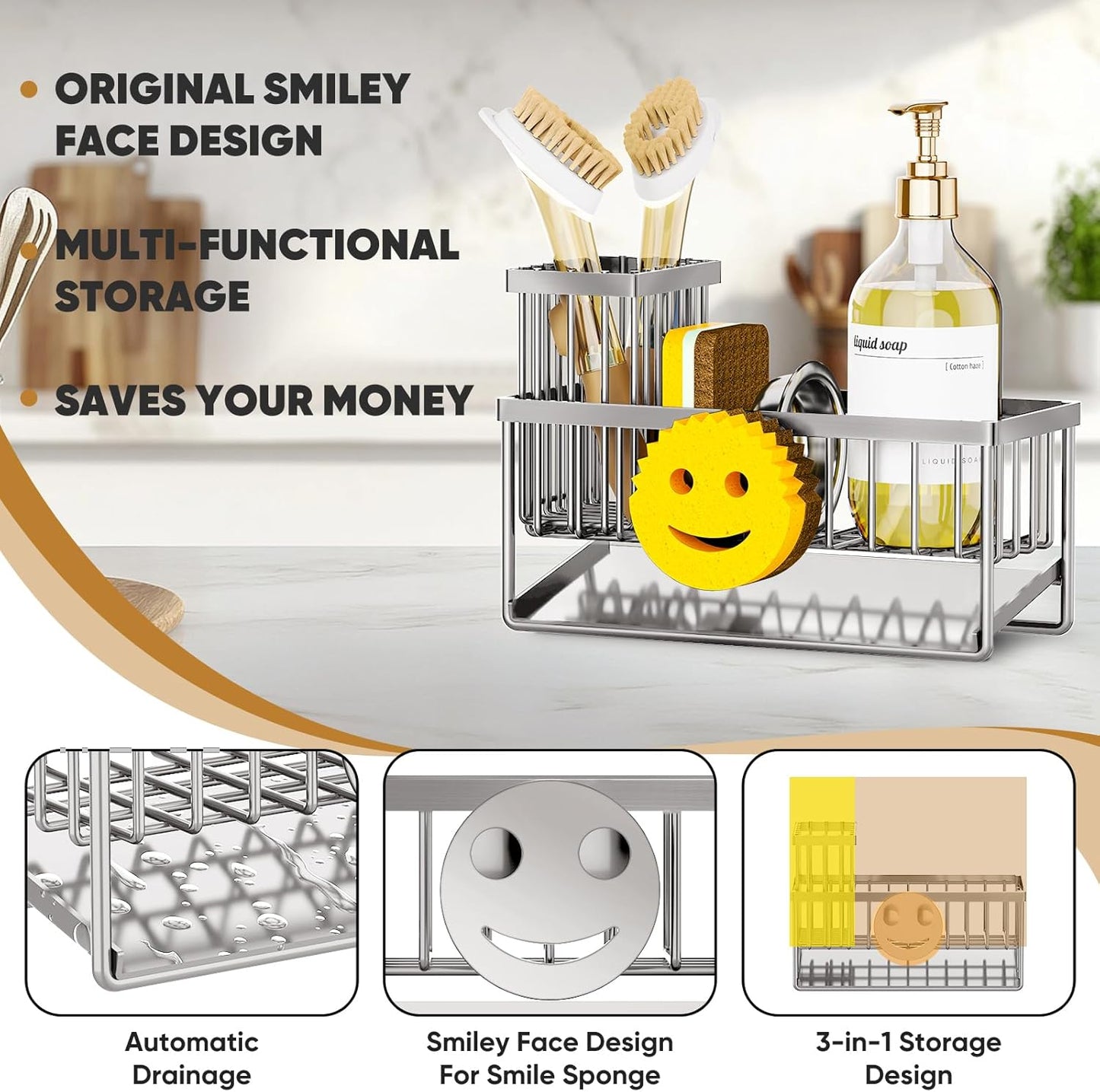 Sponge Holder for Kitchen Sink,Smiley Face Sink Caddy with Removable Brush Holder,Self-Draining Sponge Caddy for Sponge,Soap,Dish Brush,Scrubber,Kitchen Essentials and Gadgets