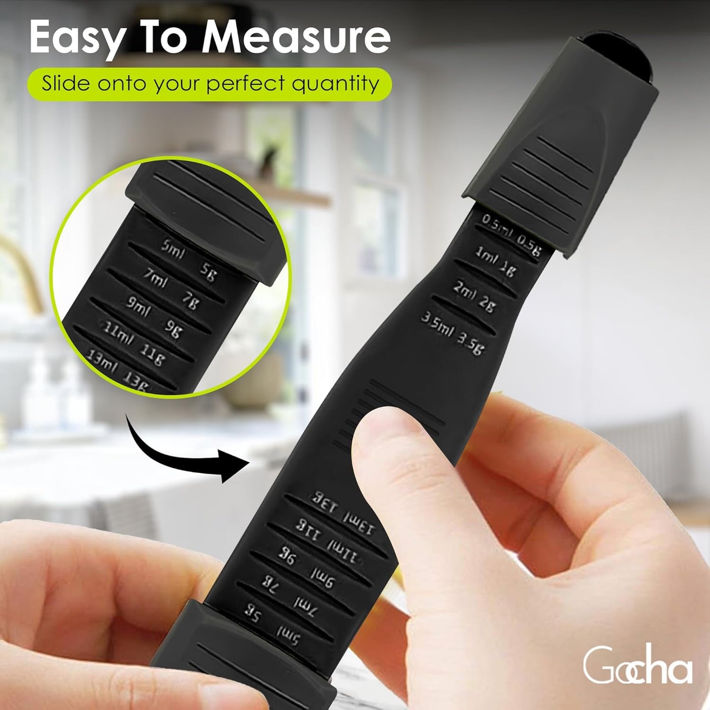 GOCHA Double-Ended Adjustable Measuring Spoon - 9-in-1 Kitchen Tool with Precision Scales (0.5-13ml/g) - Space-Saving Design for Dry & Liquid Ingredients (Black Green)