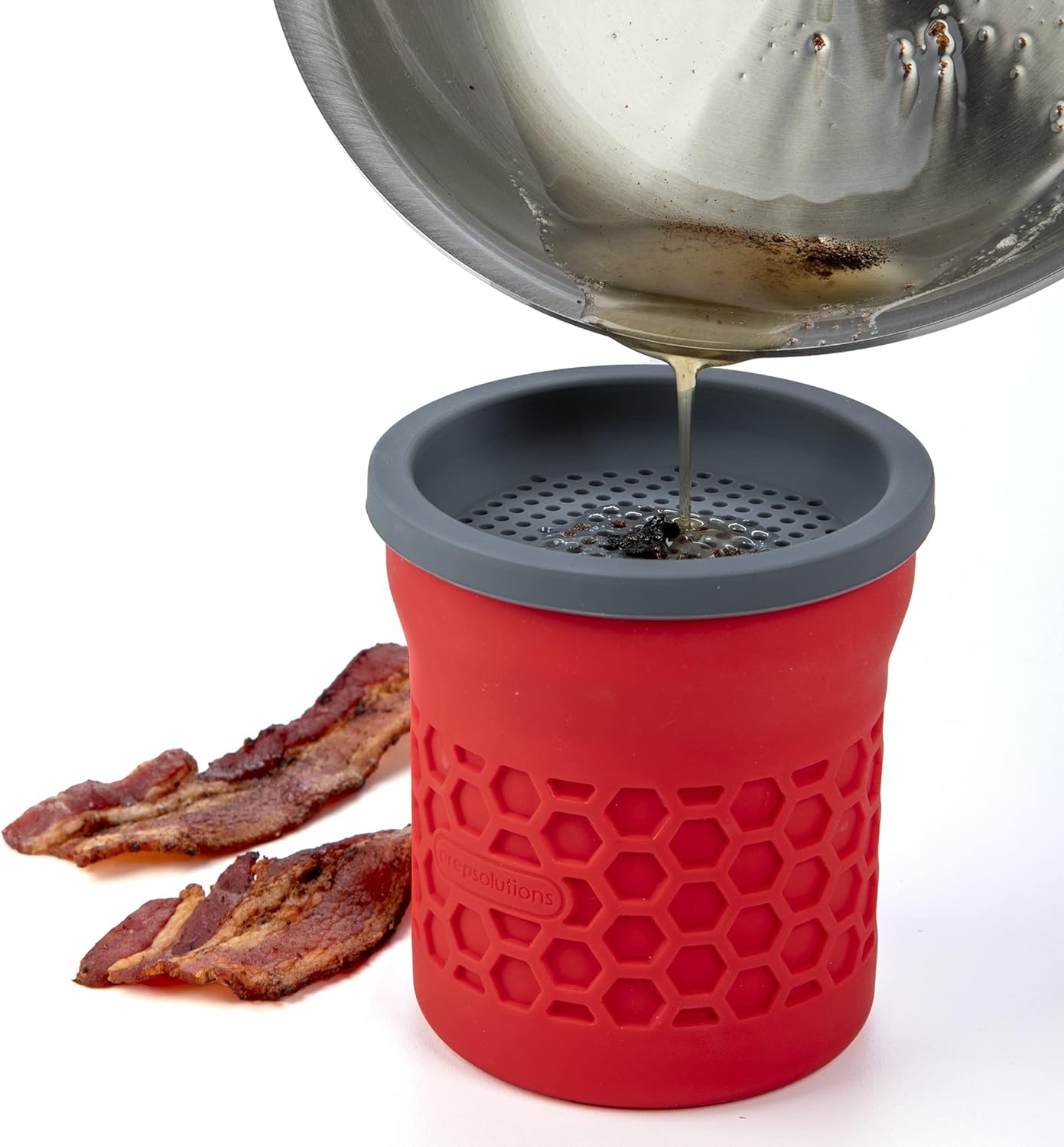Prep Solutions Heat-Resistant Silicone Grease Strainer & Keeper - 2 Cup Capacity, Red