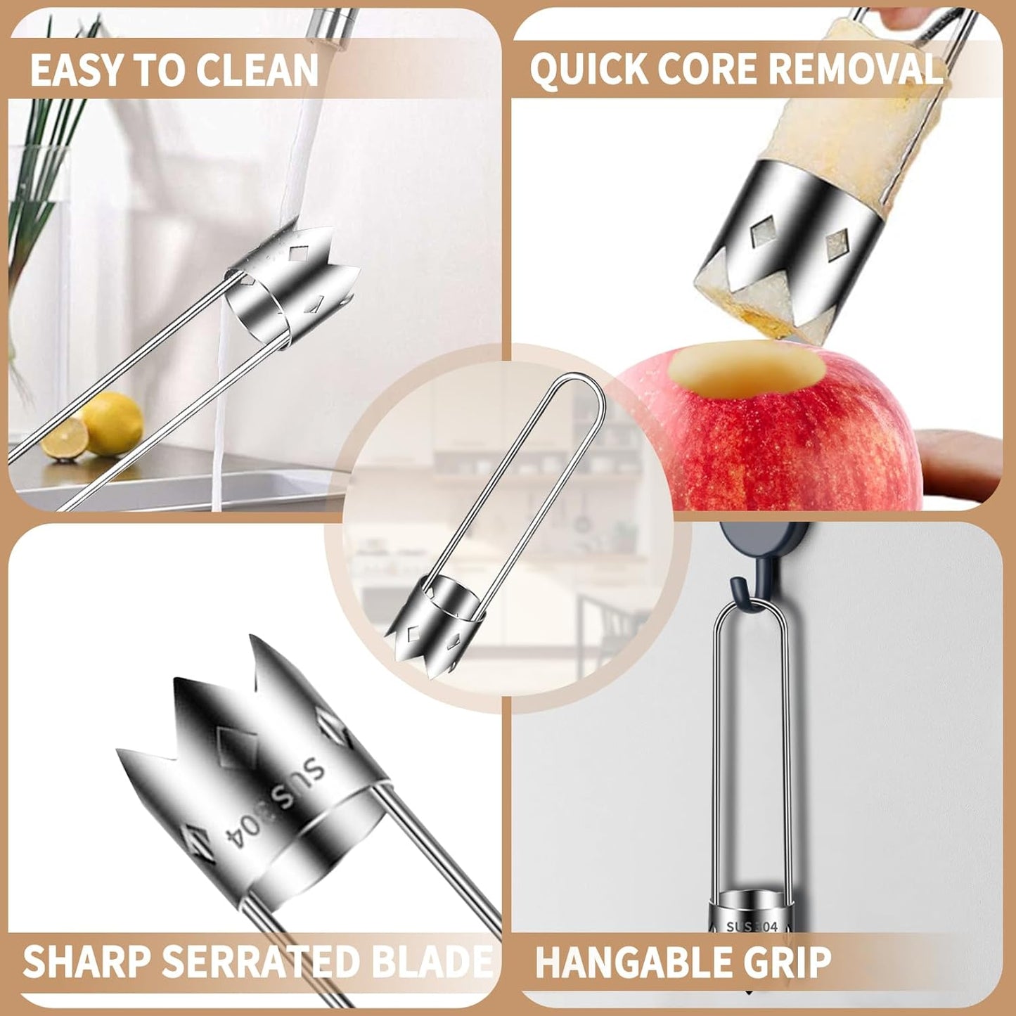 Apple Corer, Stainless Steel Apple Core Remover Tool, Bell Pepper Seed Core Remover, Multifunctional Vegetable Fruit Corer Tools Kitchen Gadget (1 Pcs)