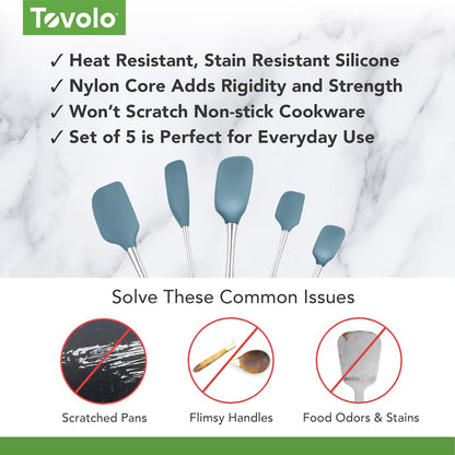 Tovolo Stainless Steel Handled Silicone Spatula Set of 5 White, Dishwasher Safe Kitchen Spatula Set for Cooking Baking, Non Toxic BPA Free Silicone Spatula set with Metal Steel Handle