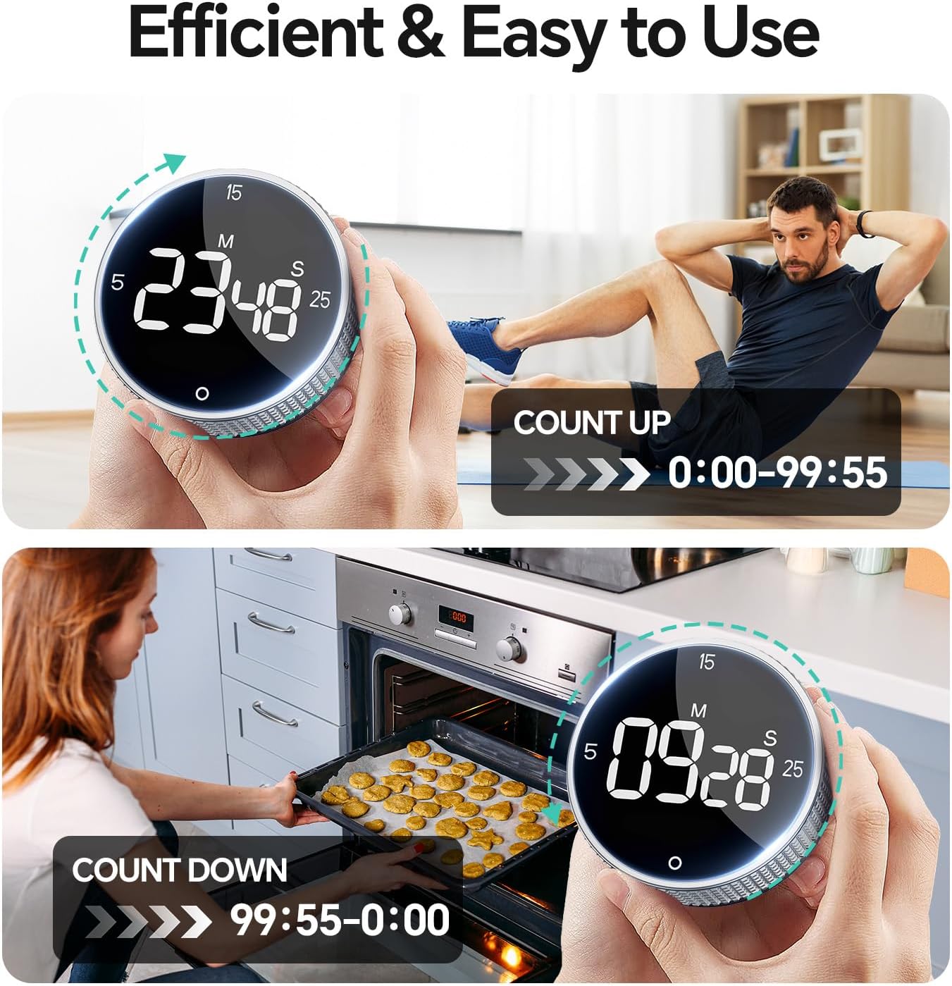 Digital Magnetic Kitchen Timer for Cooking, Large LED Visual Countdown Timer, Rotating Dial Pomodoro Focus Timer, Adjustable Volume, 5/15/25 Min Presets for Kids, Teachers, Seniors