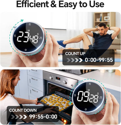 Digital Magnetic Kitchen Timer for Cooking, Large LED Visual Countdown Timer, Rotating Dial Pomodoro Focus Timer, Adjustable Volume, 5/15/25 Min Presets for Kids, Teachers, Seniors