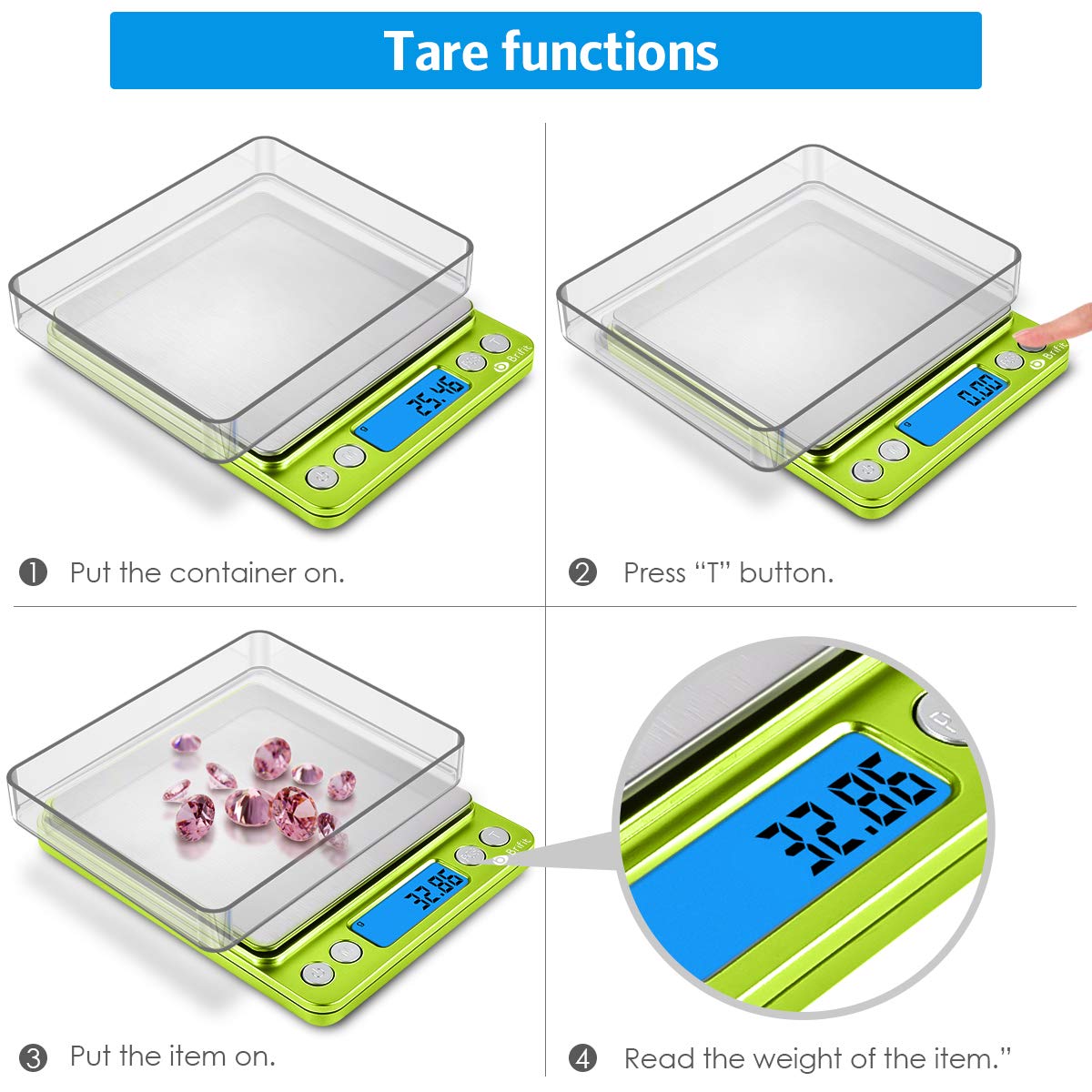 (Upgraded) AMIR Digital Kitchen Scale, 500g Mini Pocket Jewelry Scale, Food Scale, Coffee Scale, Back-Lit LCD Display, 2 Trays, 6 Units, Auto Off, Tare, PCS, Stainless Steel (Batteries Included)