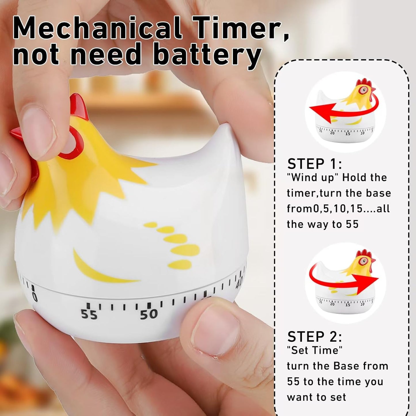 Cute Chicken-Shaped Kitchen Timer – 60-Minute Mechanical Countdown Timer for Cooking and Baking (White)
