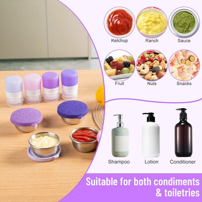MICEBAY 8-Pack Salad Dressing Container To Go, 2-oz Silicone Small Condiment Squeeze Bottles and 1.6 oz Stainless Steel Sauce Containers Cups, Leakproof Condiment Containers with Lids for Lunch Box