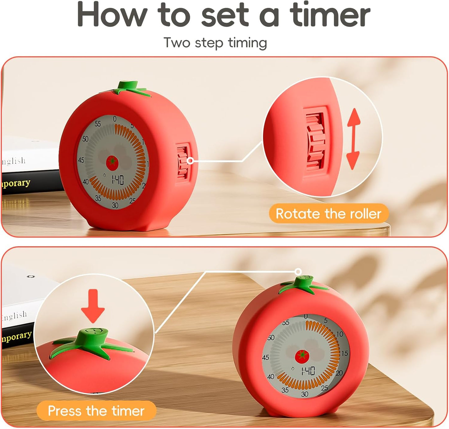 Tomato Visual Timer for Kids, 5h Cute Kids Pomodoro Countdown Timer, Kitchen Helper Timer, Visual Timer for Classroom, Office Desk and Meetings