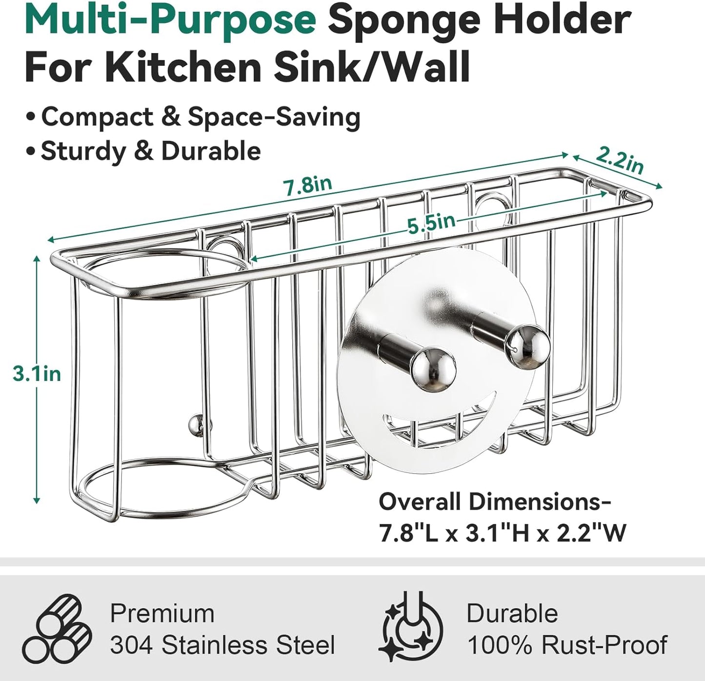 3-In-1 Sponge Holder for Kitchen Sink with Suction Cups & Adhesive Hook , In-sink Sponge Holder, Wall Hanging Sink Caddy Organizer Rack - Sponge, Dish Cloth, Brush, Scrubber - 304 Stainless Steel