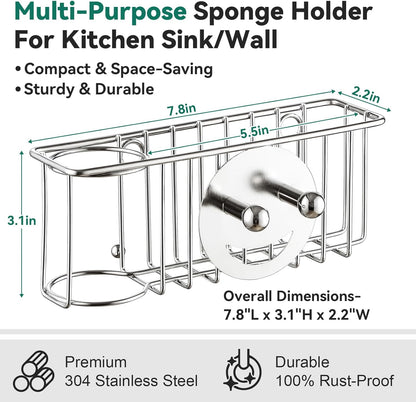 3-In-1 Sponge Holder for Kitchen Sink with Suction Cups & Adhesive Hook , In-sink Sponge Holder, Wall Hanging Sink Caddy Organizer Rack - Sponge, Dish Cloth, Brush, Scrubber - 304 Stainless Steel