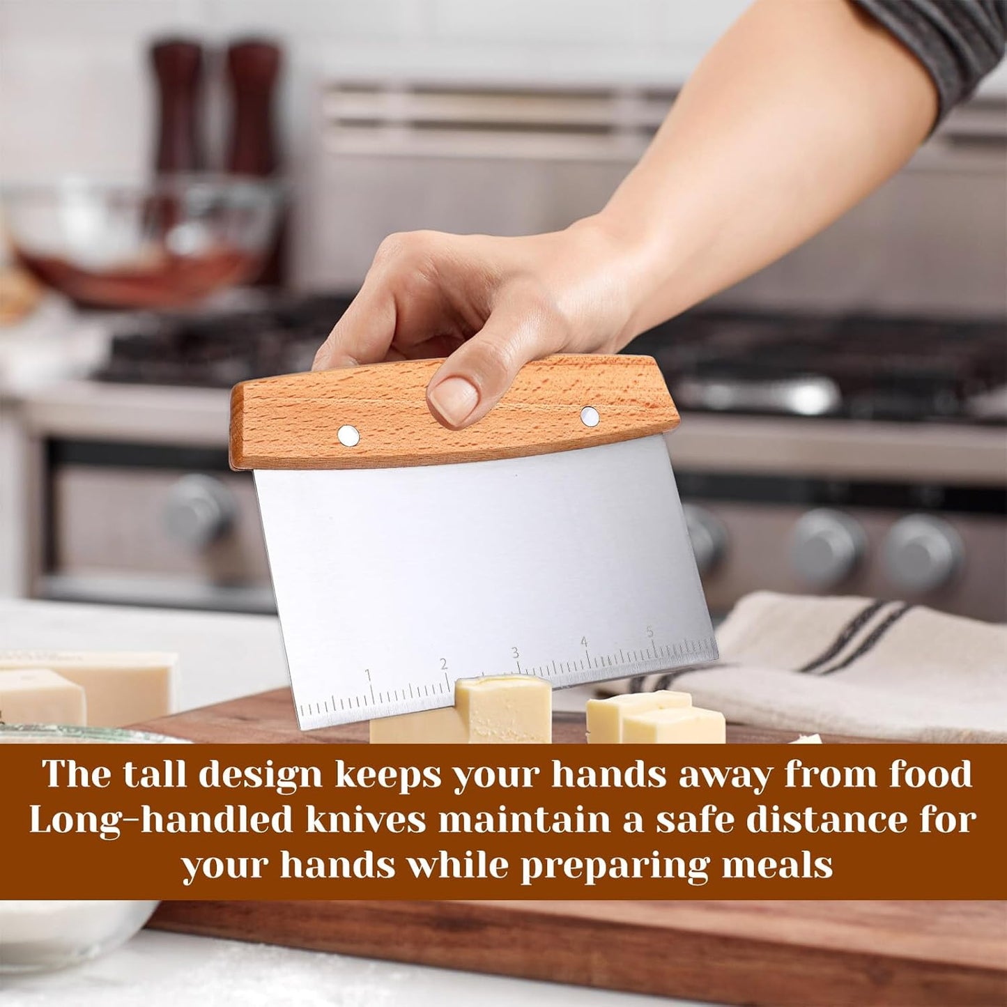 Dough Scraper, Stainless Steel Dough Scraper Cutter, Griddle Scrapers with Wooden Handle, Pizza Cutter for Flat Top Griddle, Bread and Pizza