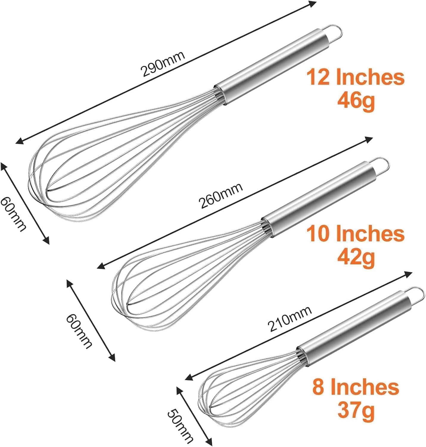 3 Pack Metal Whisk Set 8'' 10'' 12'', Manual Mini Whisk for - Egg, Balloon, Cooking, Blending, Beating, Stirring