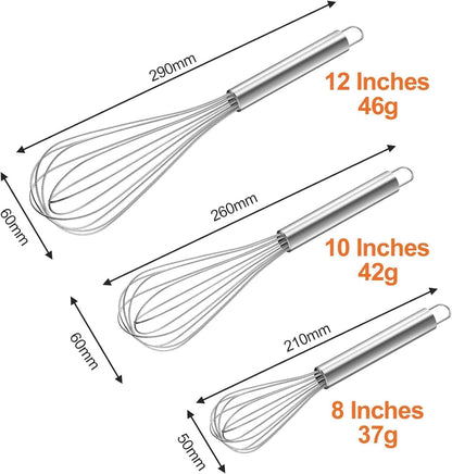 3 Pack Metal Whisk Set 8'' 10'' 12'', Manual Mini Whisk for - Egg, Balloon, Cooking, Blending, Beating, Stirring