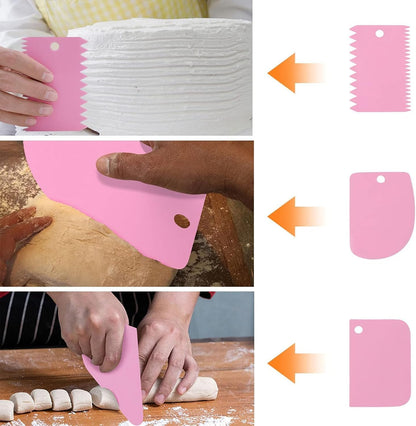 Dough Scraper Bench Scraper Dual Sided Comb Curved Flat Cake Scraper Tool,Decorating Comb,Plastic Sawtooth, 6Pcs, 4.7x3.4",Pink; for Baking,Non-Slip Bakeware Decorating Tools Sculpting&Modeling Tools