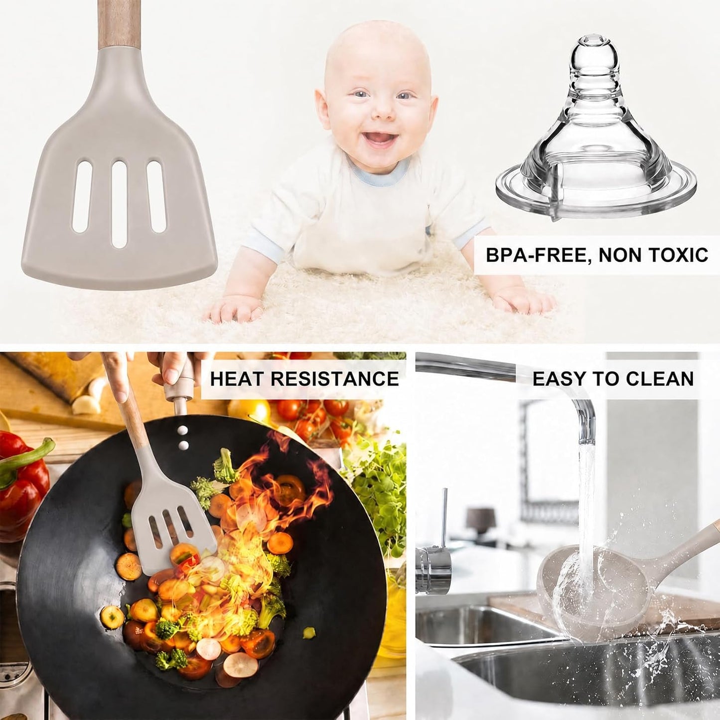 MIBOTE Silicone Cooking Kitchen Utensils Set with Holder, Wooden Handles BPA Free Non Toxic Silicone Turner Tongs Spatula Spoon Kitchen Gadgets Utensil Set for Nonstick Cookware (Coffee)